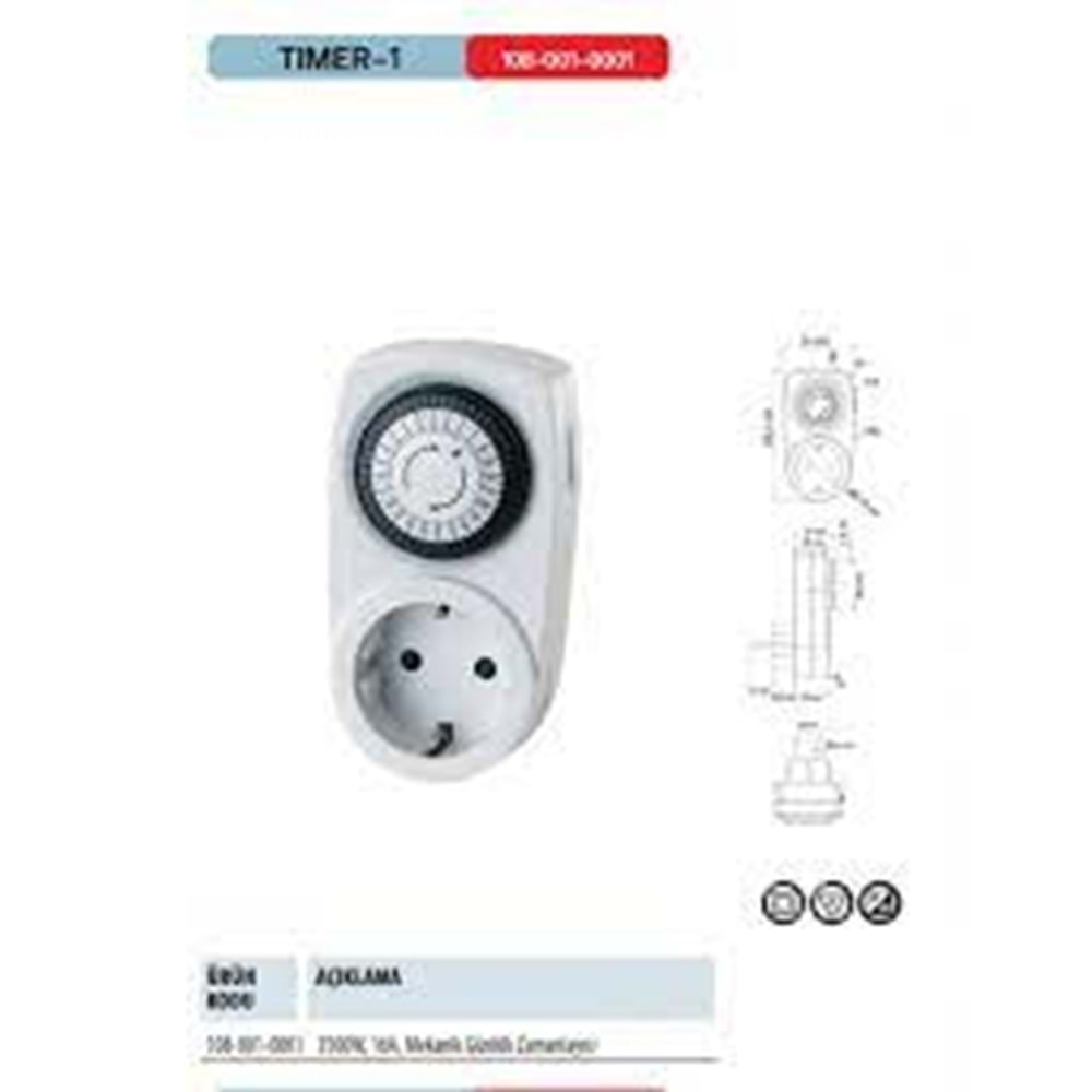HOROZ MEKANİK ZAMAN SAATİ FİŞ/PRİZ TIMER-1 108 001 0001