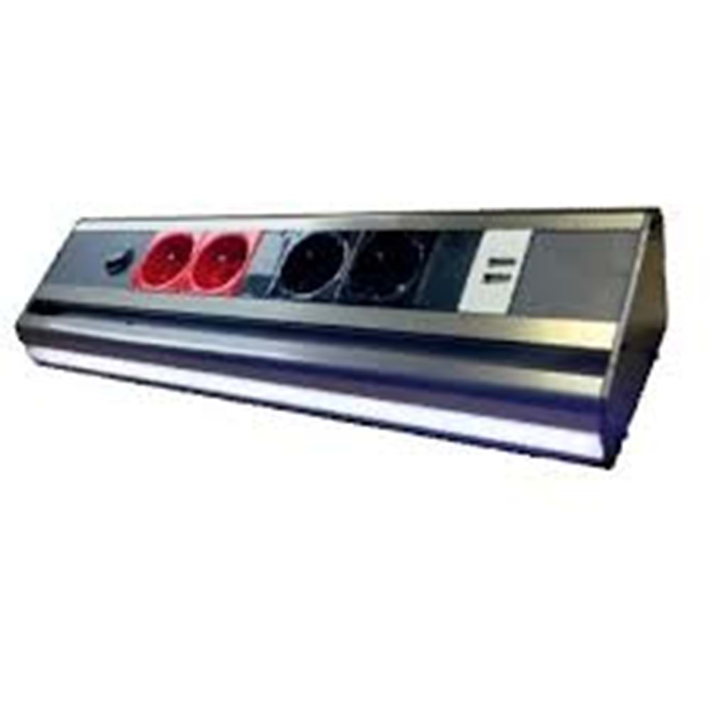3321 2 ŞEBEKE PRİZLİ USB ŞARJLI ANAHTARLI LED AYDINLATMALI PRİZ BLOĞU(INOX)