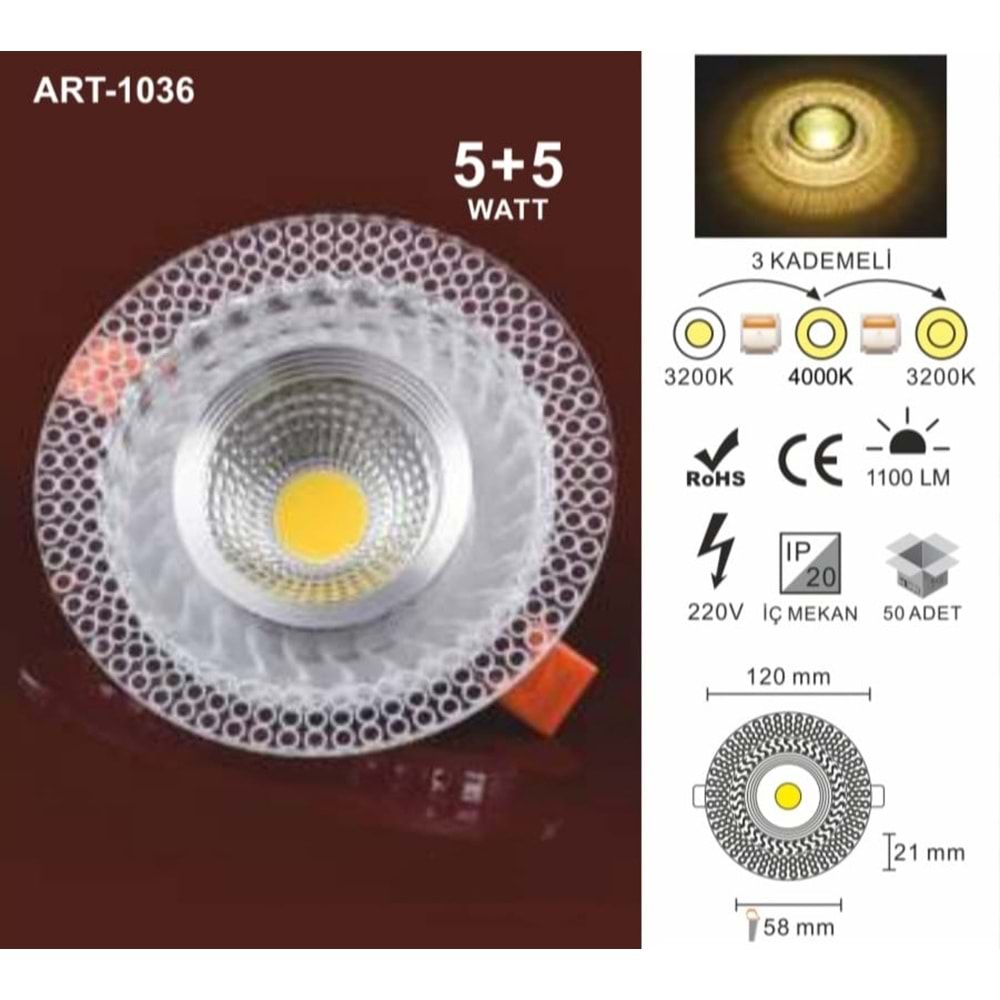 ART-1036 5+5WATT 3 RENK KADEMELİ DEKORATİF CAM SPOT AYDINLATMA