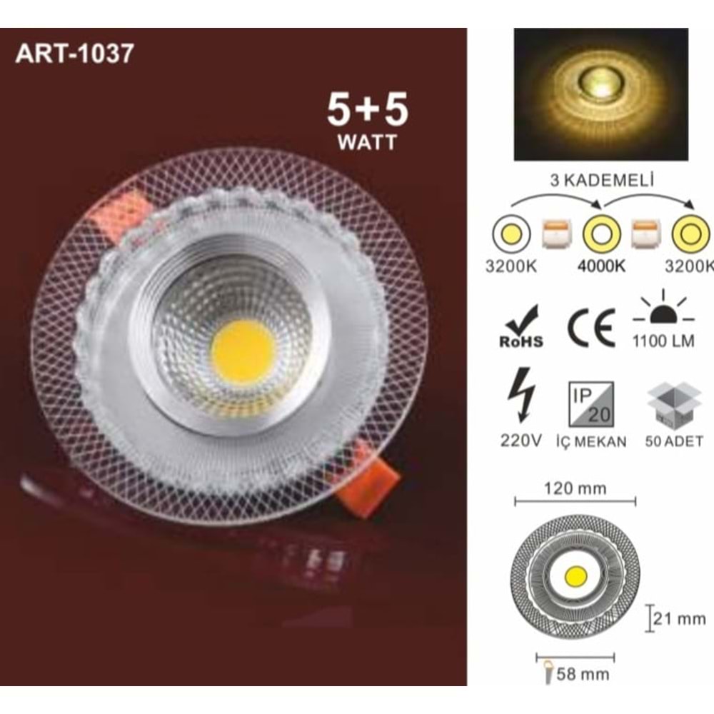 ART-1037 5+5WATT 3 KADEMELİ DEKORATİF CAM SPOT AYDINLATMA