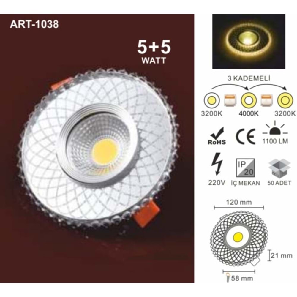ART-1038 5+5WATT 3 KADEMELİ DEKORATİF CAM SPOT ARMATÜR