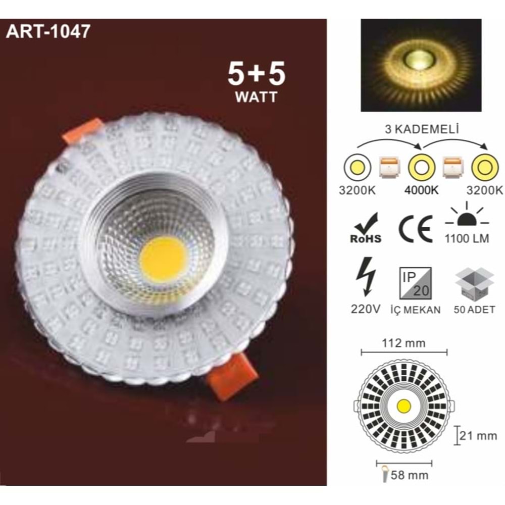 ART-1047 5+5WATT 3 KADEMELİ RENKLİ DEKORATİF CAM SPOT ARMATÜR