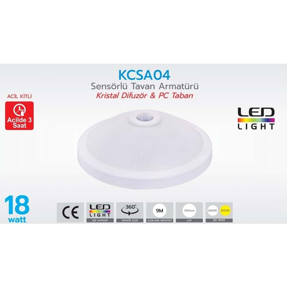 KORÇAM KCSA04 SENSÖRLÜ TAVAN ARMATÜRÜ ACİL KİTLİ (ACİLDE3 SAAT) 18W ARMATÜR