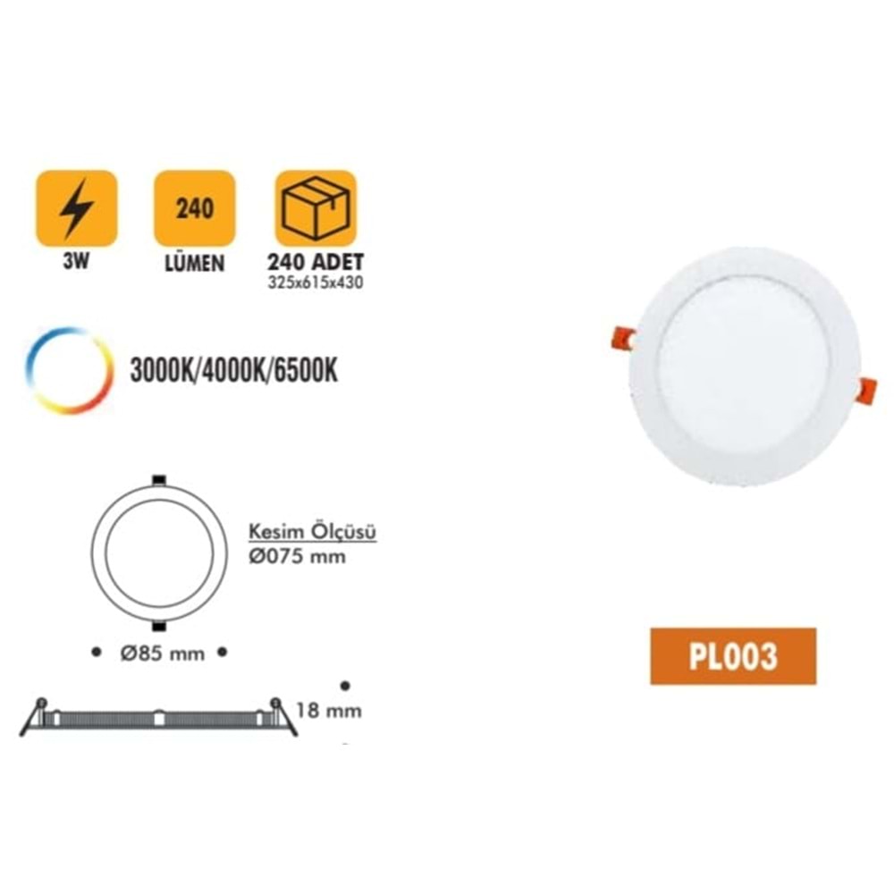NO-VO PL003 3W LED SLIM 3000K DOWNLIGHT SIVA ALTI PANEL