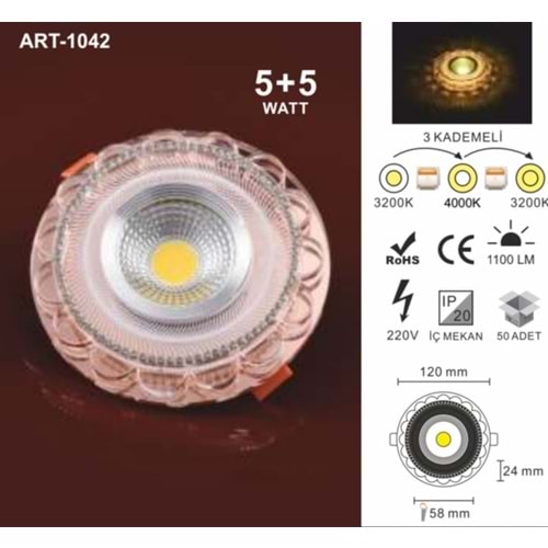 ART-1042 5+5WATT 3 KADEMELİ DEKORATİF LEDLİ CAM SPOT AYDINLATMA