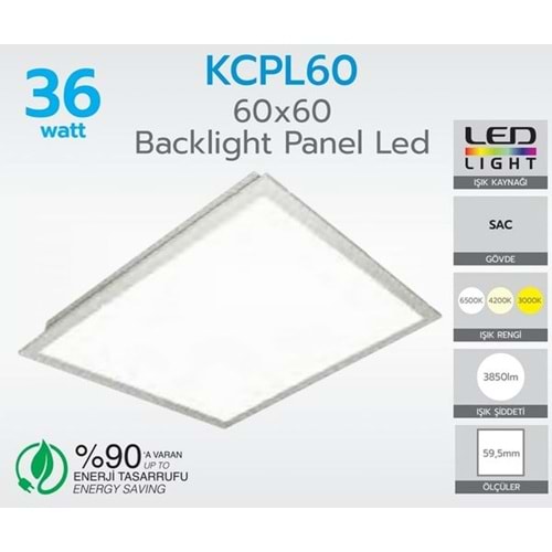 KORÇAM KCPL60 60X60 BACKLIGHT PANEL LED 3850LM 6500K