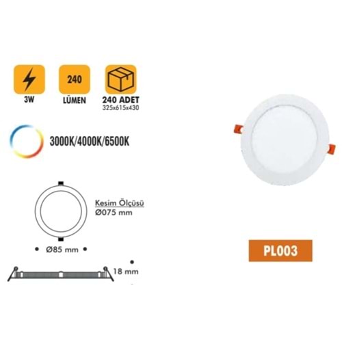 NO-VO PL003 3W LED SLIM 3000K DOWNLIGHT SIVA ALTI PANEL